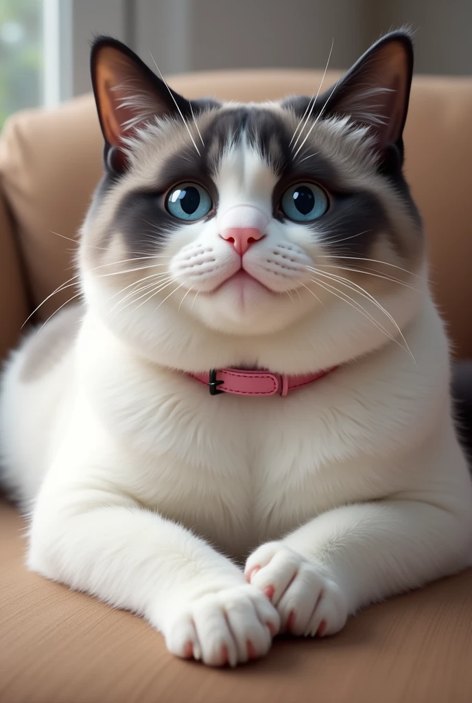 Grey as a medium sized cat, with a chubby body due to her extra weight. Its fur is mainly white, with gray areas that stand out, especially the grayish-black spot on its back. Your head has a unique touch, with black ears that contrast with the white of the face, except for the snout and mouth, that are completely white, standing out against her bright blue eyes. The pink collar adds a delicate and charming touch.
Lying pose with front paws placed one on top of the other