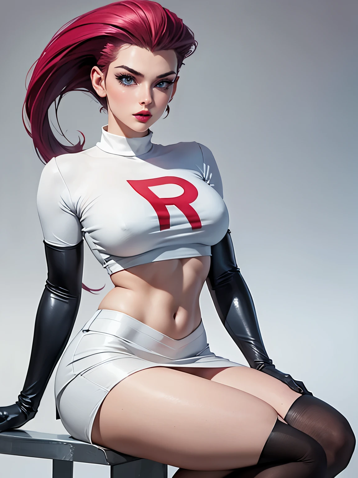 beautiful girl in foot, ((slicked back hair, by the wide,)), big blue eyes, red lip gloss, perfect body, Team Rocket ,Team Rocket uniform ,White skirt,crop top,thighs,elbow gloves, masterpiece, High resolution, ((plain background:1.3))