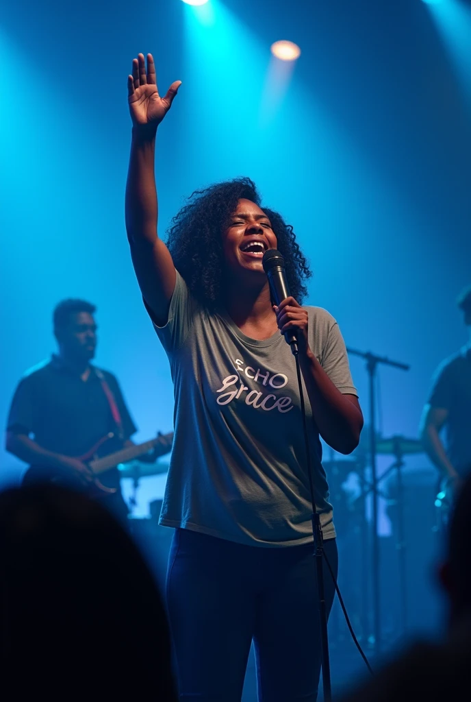 brown singer singing emotionally, right hand raised, left hand holding microphone: 1, lights: 1.5, 1.3, (holding microphone: 1.2), Shirt with Echo Grace written on it, , comely, cerulean, Face ultra detailed, band playing behind detailed, praising God, feeling the presence of God.