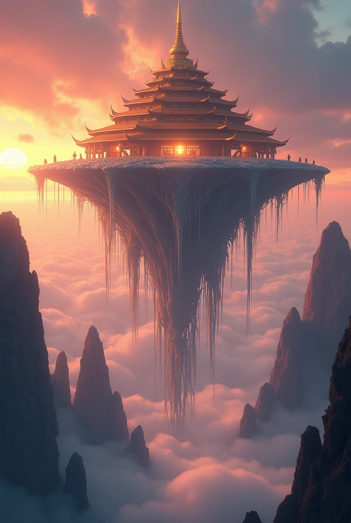 Imagine a monastery that floats above the clouds, supported by massive roots that extend deep into the earth below. The monastery is an architectural marvel, with a mix of traditional, ancient design and modern elements, all built from materials that seem to glow softly in the sunlight. The monks who reside there are dedicated to meditative practices that involve the manipulation of the elements—wind, water, fire, and earth. The sky around the monastery is a stunning blend of oranges, pinks, and purples, as the sun sets and rises, creating an ever-changing, serene environment. The roots of the monastery occasionally pulse with energy, sending waves of light down to the world below, symbolizing the connection between the heavens and the earth. Monks are floating beside this monastery.