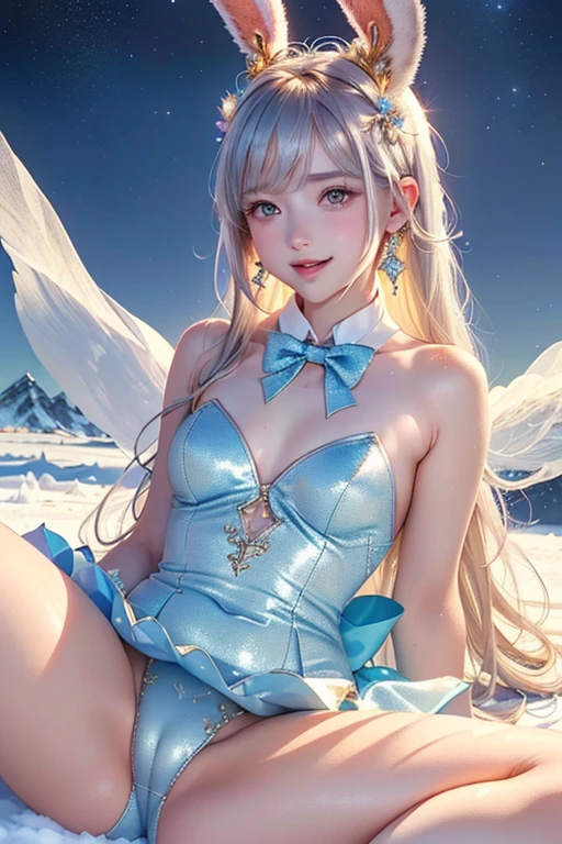 masterpiece, Highest quality, Highly detailed CG Unity 8k wallpaper,((Upper Body)) ,((Upper Body head close-up shot of a beautiful )), , Elegant long straight blonde hair, (Mckenna Grace), ((Flat Chest,Thighs,Self-illuminating skin)), (Silver-blue) Golden (Sparkly tutu,long rabbit ears headgear, , bow tie, No pants, Genitals are visible), ((Spread your legs)),(), (blush), , (Captivating smile), (Ice and snow world), Pretty face, Key Art, Awards, intricate detail realism hdr, by (Luan Jia, Altgerm and Range Murata), Photorealism, Hyperrealism, Ultra-realistic, Dramatic Light, Strong Shadows, Nice views, Depth of written boundary