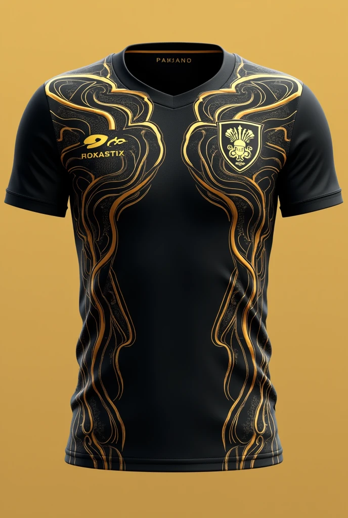 Thai pattern football kit, black and gold, front and back are the away team.