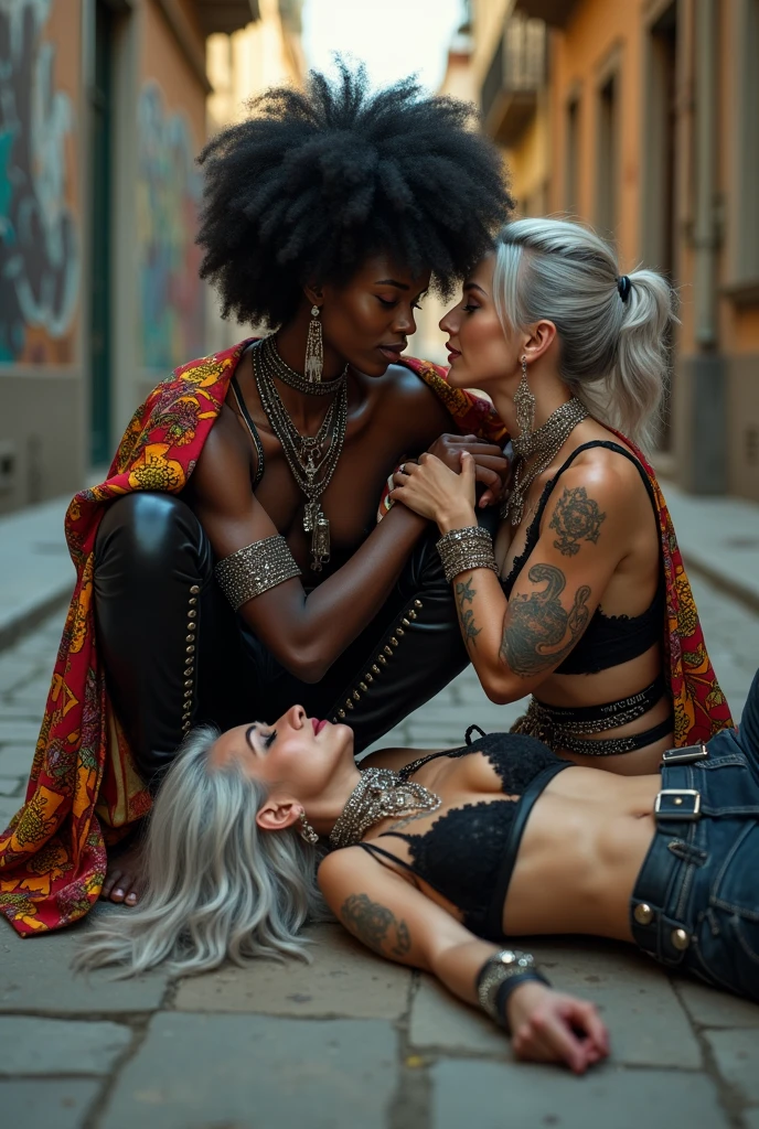 Three russian old milf women: the strong, muscular , dominant dark skinned gipsy woman (black afro, long african traditional colourful tunic, barefoot), squatting with possessive stance (arms around her two girlfriends' necks). At her feet, lying on the ground,her two caucasian girlfriends groping and kissing each other, weak, light grey hair, submissive and needy, feeling defeated and needy, in laid back postures with hands touching their thongs or their necks or chest, looking at each other with open mouths, arched back, different clothes but all wearing clothes in rock chic style. grey hair (bouffant, top bun, shaved sides). Big lips. Black lace push up bras, silicone breasts,, low rise skinny leather jeans. Both Barefoot.. Lots of thick wide studded bracelets, chain necklaces and big rings,. Long earrings with chains and feathers. Chains around their hips. Lounging lazily on the ground with bended knees, separated legs and arched backs. Lazy, leaning back, laid back pose, separated legs. Neck tattoed, chest tattoed, stomach tattoed, feet, hands, arms and wrists heavily tattoed. Toned abdominals, thin neck, slim legs and thin arms. Narrow hips. Both, open legs. Full body. At a Madrid narrow street with graffitied walls.