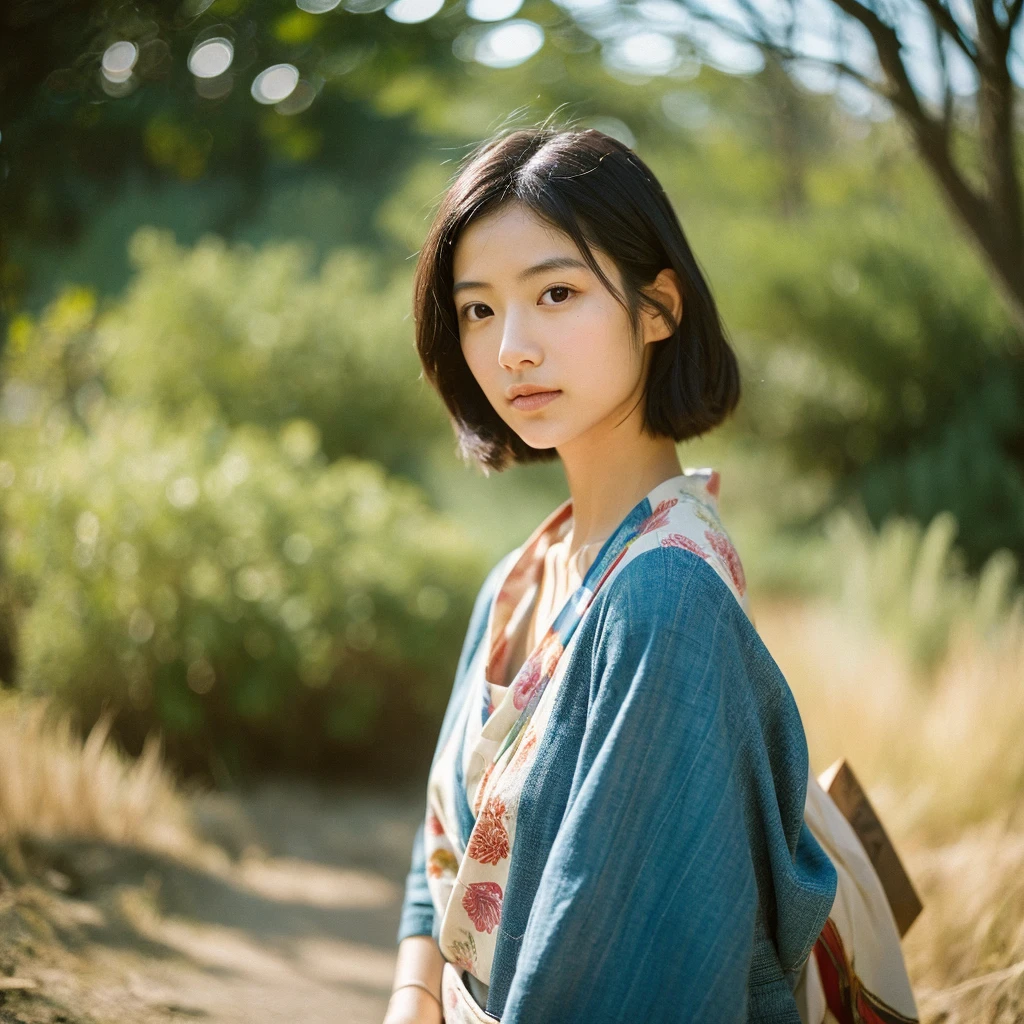 A hyper-realistic image of a single Japanese woman in her early 20s, captured from the shoulders up with the distinctive warmth and pronounced graininess of a vintage film camera. She is wearing a traditional Japanese yukata with an elegant, classic design, featuring delicate floral patterns such as cherry blossoms, peonies, or traditional motifs like wave and fan designs. The yukata is made from lightweight cotton fabric with a soft, slightly textured weave that drapes naturally over her shoulders. The color scheme is traditional, including shades like deep indigo, soft pastel pinks, or light blues, with accents of white. The yukata is wrapped correctly, with the left side over the right, and is visible only from the shoulders up, ensuring the neckline and part of the obi appear subtly in the frame. Her skin has a warm beige tone with a noticeably rough texture, including visible pores, fine lines, minor blemishes, uneven tones, and slight skin folds, capturing the true imperfections of human skin. The natural light is soft and diffused, intentionally subdued to prevent harsh highlights, creating a calm, understated atmosphere with muted shadows typical of film photography. Her straight, slightly tousled black hair frames her face naturally, and her deep brown eyes reflect the subdued ambient light, adding depth but maintaining a soft, nostalgic focus. The film camera effect is pronounced, with noticeable grain, desaturated colors, and a soft vignette around the edges, enhancing the vintage aesthetic. The overall composition captures her serene, understated elegance, with a focus on realistic skin texture and gentle lighting, portrayed through the distinctive lens of a classic film camera.