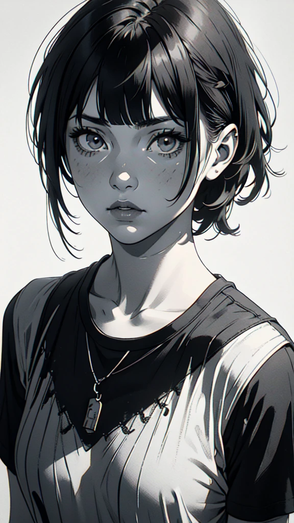 1 boyish girl, solo, sharp eyes, monochrome, greyscale, short black hair, portrait, white T-shirt, thin eyebrows, closed mouth, looking at viewer, graphite \(medium\), detailed lips, hatching \(texture\), without makeup, full bangs, upper body, (best illustration), (best quality), (very detailed), (masterpiece), expressionless,