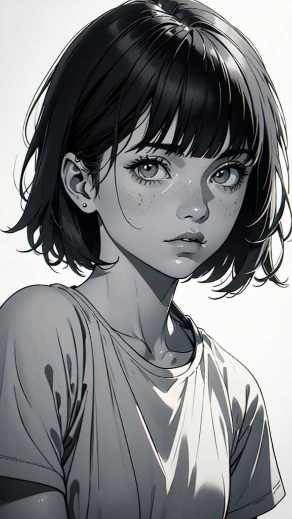 1 boyish girl, solo, sharp eyes, monochrome, greyscale, short black hair, portrait, white T-shirt, thin eyebrows, closed mouth, looking at viewer, graphite \(medium\), detailed lips, hatching \(texture\), without makeup, full bangs, upper body, (best illustration), (best quality), (very detailed), (masterpiece), expressionless,