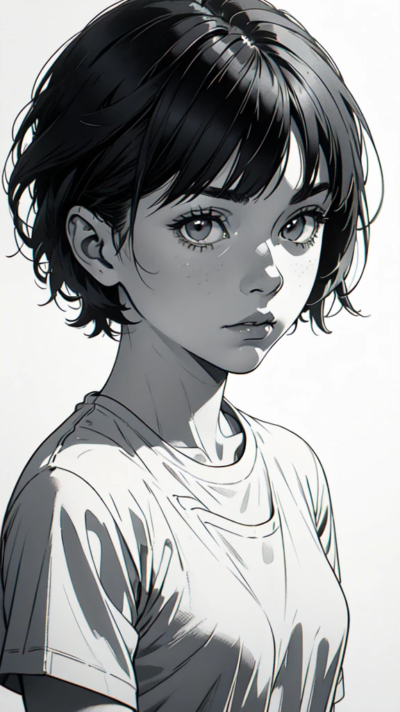 1 boyish girl, solo, sharp eyes, monochrome, greyscale, short black hair, portrait, white T-shirt, thin eyebrows, closed mouth, looking at viewer, graphite \(medium\), detailed lips, hatching \(texture\), without makeup, full bangs, upper body, (best illustration), (best quality), (very detailed), (masterpiece), expressionless,