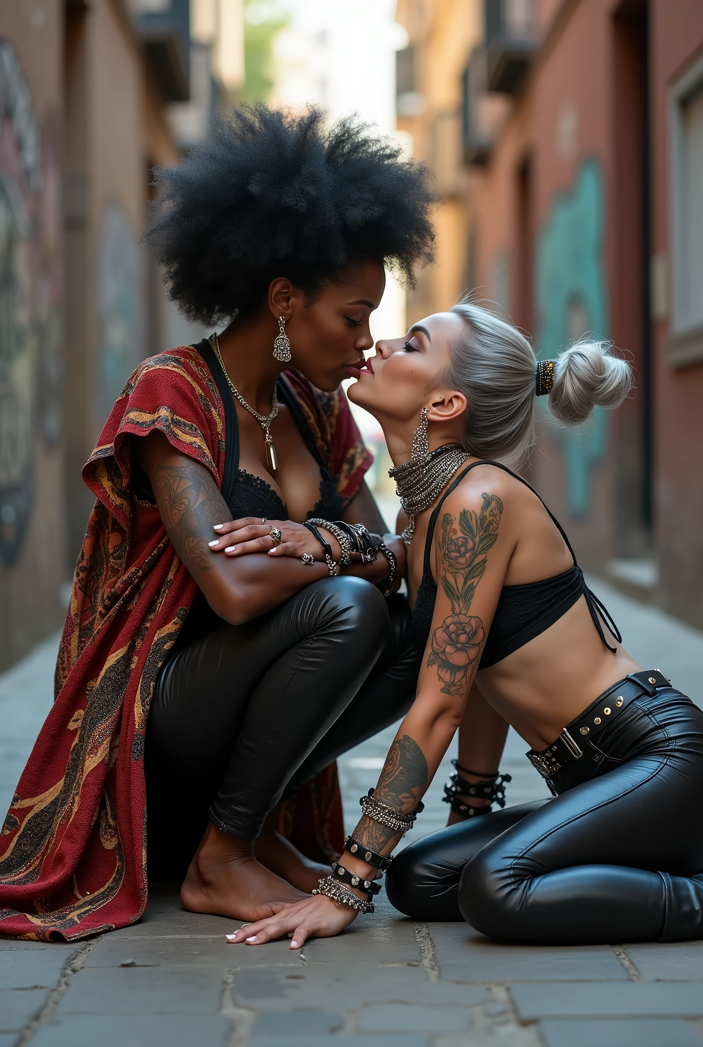 Three russian old milf women: the strong, muscular , dominant dark skinned gipsy woman (black afro, long african traditional colourful tunic, barefoot), squatting with possessive stance (arms around her two girlfriends' necks). At her feet, lying on the ground,her two caucasian girlfriends groping and kissing each other, weak, light grey hair, submissive and needy, feeling defeated and needy, in laid back postures with hands touching their thongs or their necks or chest, looking at each other with open mouths, arched back, different clothes but all wearing clothes in rock chic style. grey hair (bouffant, top bun, shaved sides). Big lips. Black lace push up bras, silicone breasts,, low rise skinny leather jeans. Both Barefoot.. Lots of thick wide studded bracelets, chain necklaces and big rings,. Long earrings with chains and feathers. Chains around their hips. Lounging lazily on the ground with bended knees, separated legs and arched backs. Lazy, leaning back, laid back pose, separated legs. Neck tattoed, chest tattoed, stomach tattoed, feet, hands, arms and wrists heavily tattoed. Toned abdominals, thin neck, slim legs and thin arms. Narrow hips. Both, open legs. Full body. At a Madrid narrow street with graffitied walls.