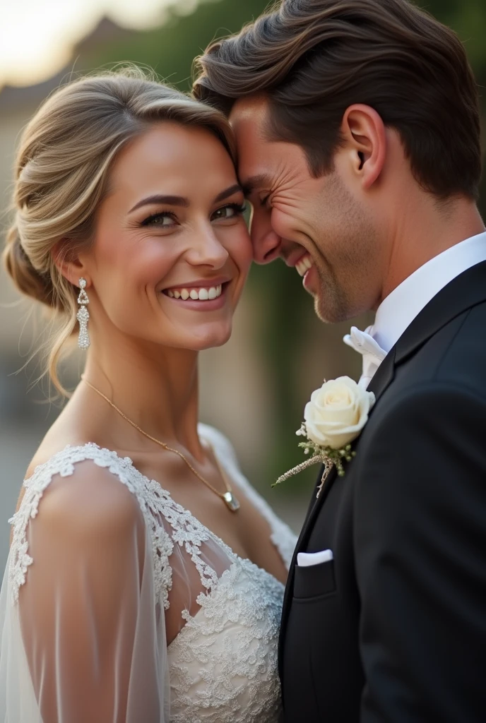In a close-up shot against a breathtaking evening backdrop, a radiant twenty-year-old bride with fair complexion, hazel eyes, and blonde hair styled in a bridal bun beams at her groom. Her long, white gown features sheer, long lace sleeves, and she is adorned with elegant earrings, a matching necklace, and white heels. Her groom, handsome . He does not have facial hair on his face. He is in a black suit with fair skin, dark brown hair, and warm brown eyes, smiles back at her with equal joy. Their shared gaze and bright smiles capture the essence of their happiness on this special evening.