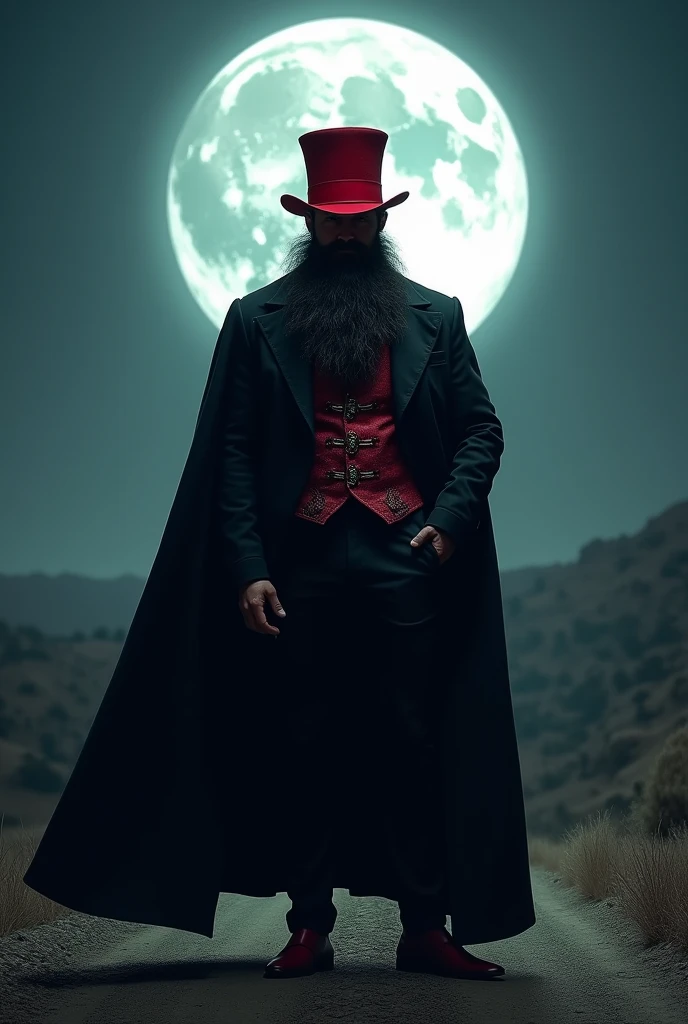 A dark-skinned man with a beard, red top hat, Black Suit, black cloack, on a dirt road lit by the full moon.