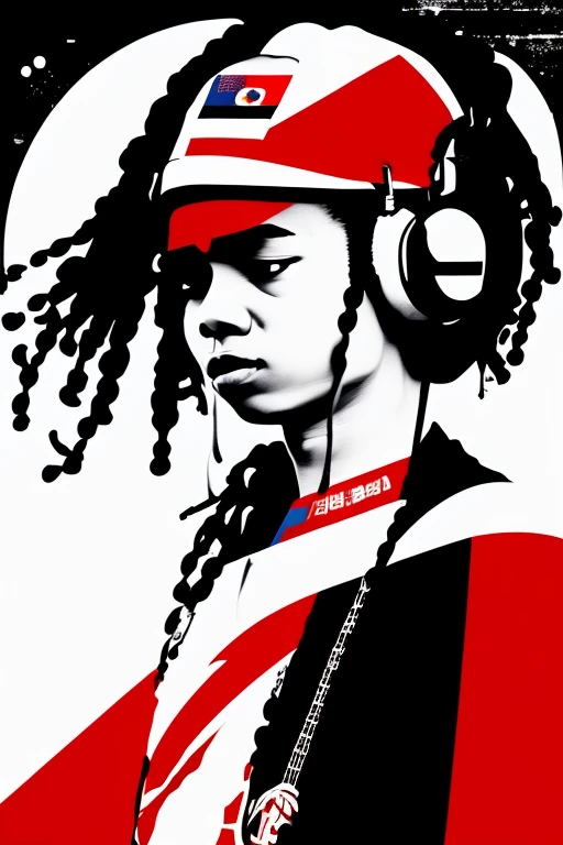 A background filled with Japanese flag in various sizes and colors、
Creative logo illustration of a silhouette with dreadlocks and red headphones,
Banksy、
A background completely filled with scattered musical notes in various sizes and colors, covering the entire screen.
singer、microphone、Japanese、
beautiful girl colorful image
Dance hiphop Dance CREW Waacking Dance
Punking
black medium hair black medium hair
Five fingers Baggy clothes Baggy clothes
HIPHOP crew、
the Japanese flag, background,patriotic,minimal,simple,bold colors,graphic,flat design,clean