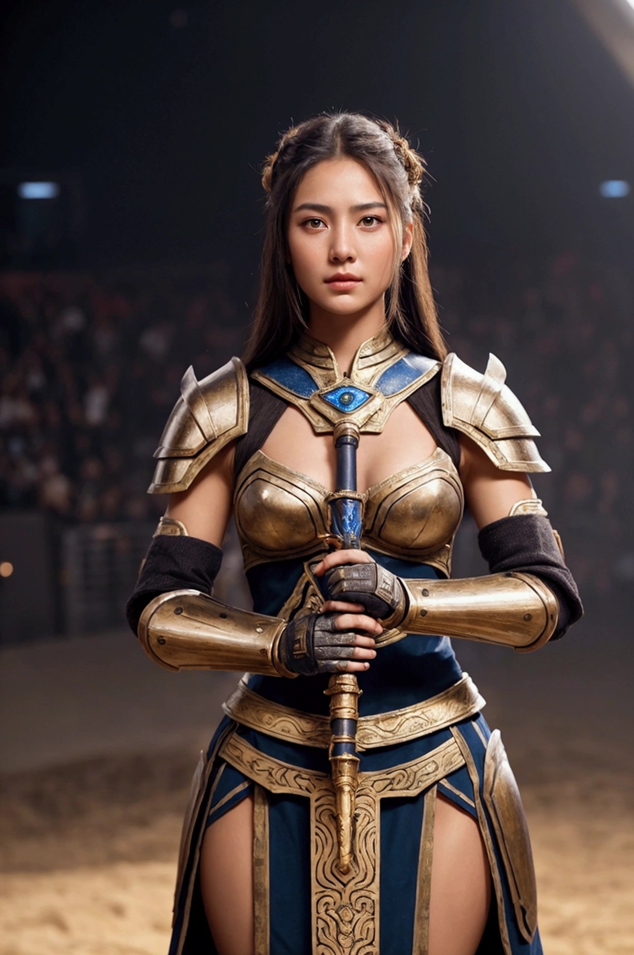 A beautiful girl in the guise of an ancient warrior, adorned with powerful armor, holds a radiant weapon in her hand, creating a strong and captivating image. The scene is set in an arena with a large audience, captured in high-quality photography."





