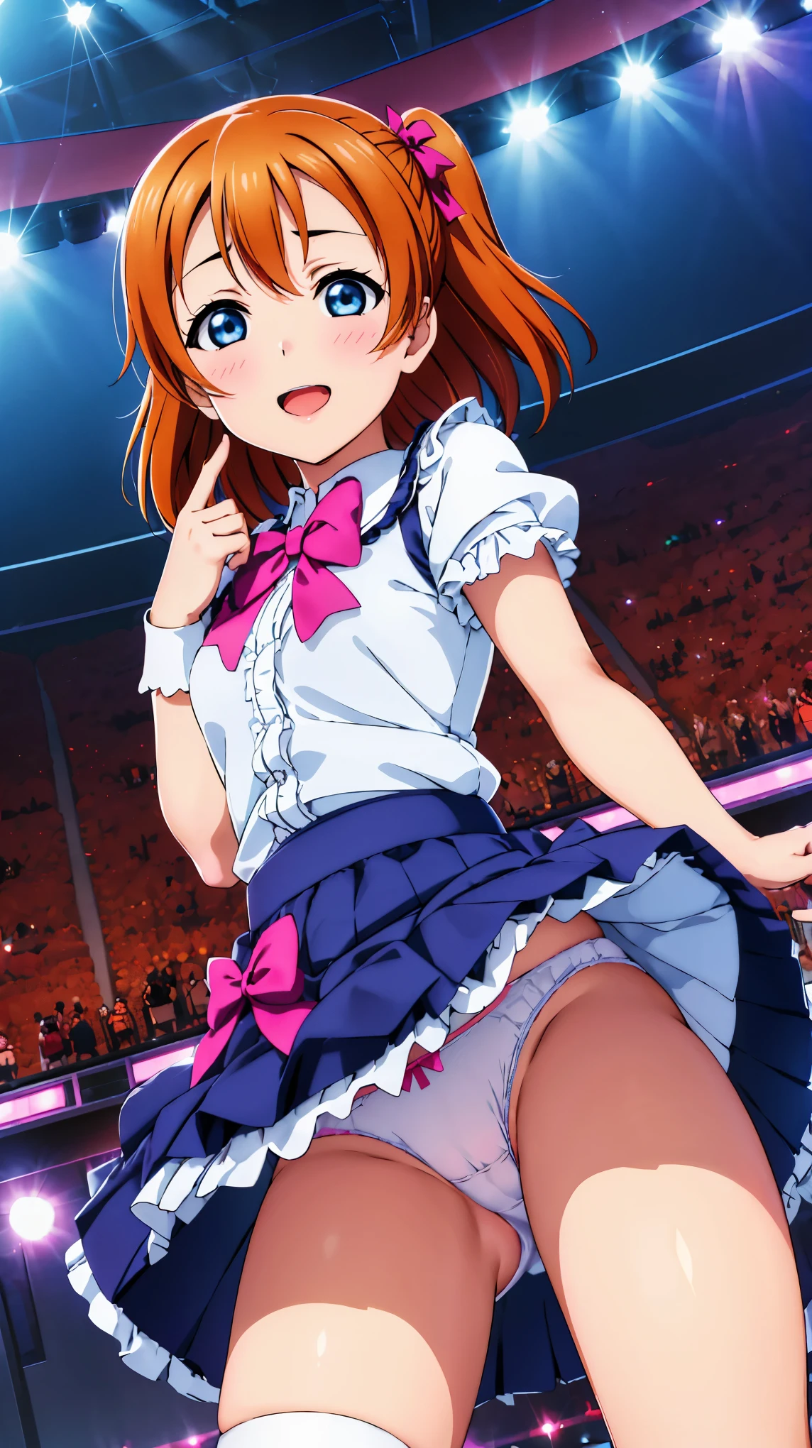 (((Pixel perfect, perfect detail))), (((Underskirt angle view, panties visible,))), solo, solo girl, Honoka Kosaka, (orange dress: 1.0), (gothic ta fashion: 1.0), viewer's point of view, embarrassed face, μ's, Love Live! stage, singing, (tuck skirt: 1.3), (white panties: 1.3), (panties with ribbon), (panties with many frills: 1.3), (fullback panties: 1.3), (low angle), blue eyes, orange hair, one side up hair, short hair, (spread legs: 1.0)