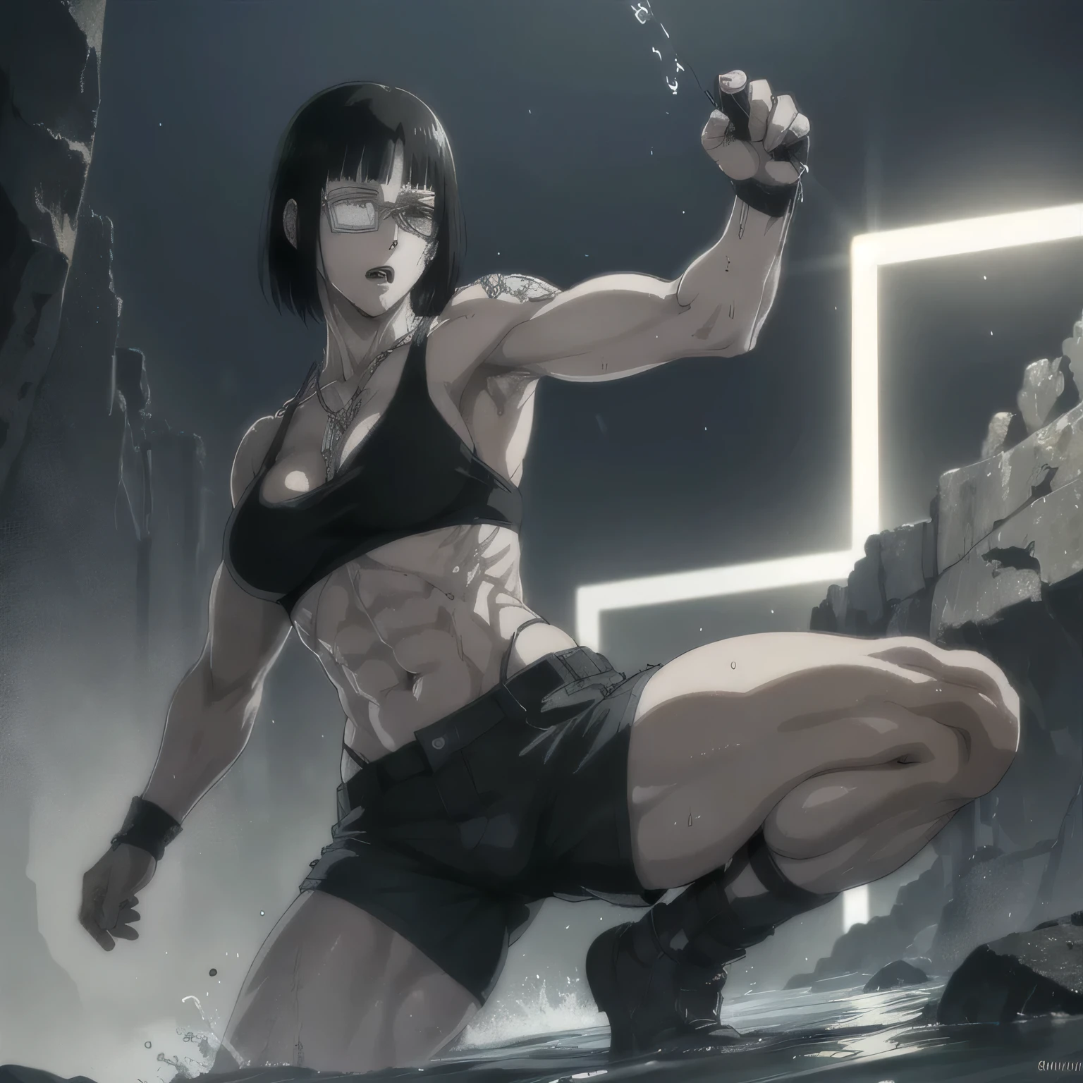 (best quality,ultra-detailed,realistic:1.37),musclaur badass girl with sculpted body with preview her musclaur body and six-pack, full review of the female character's face and body, intense expression,studio lighting, vivid colors, physiologically-based rendering, grungy texture, rugged background, dust particles in the air, commanding presence, professional, powerful, gritty aesthetics,,Valmet،short hair،tattoos on shoulders,,Shining muscles, muscle protrusion,wearing military male black under shorts and midriff tank top,necklace,Valmet have a sex muscles,eyepatch,penis,penis growth inside underwear,penisQuiron,wet body,veins,fighting position,wet clothes,white skin,water dropped on body,Shining skin,Swim on a river,night,raining,rain weather,