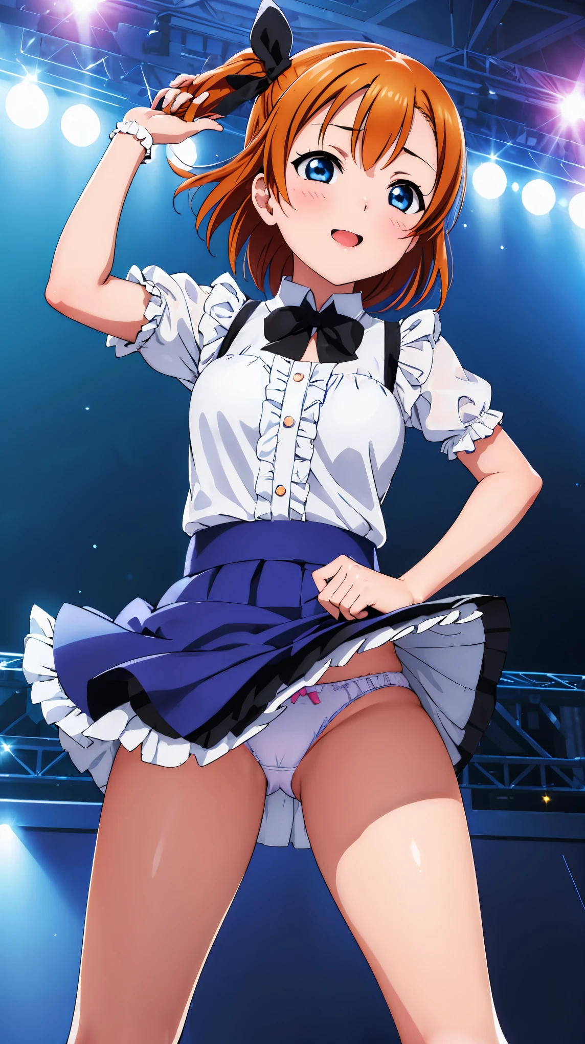 (((Pixel perfect, perfect detail))), (((Underskirt angle view, panties visible,))), solo, solo girl, Honoka Kosaka, (orange dress: 1.0), (gothic ta fashion: 1.0), viewer's point of view, embarrassed face, μ's, Love Live! stage, singing, (tuck skirt: 1.3), (white panties: 1.3), (panties with ribbon), (panties with many frills: 1.3), (fullback panties: 1.3), (low angle), blue eyes, orange hair, one side up hair, short hair, (spread legs: 1.0)