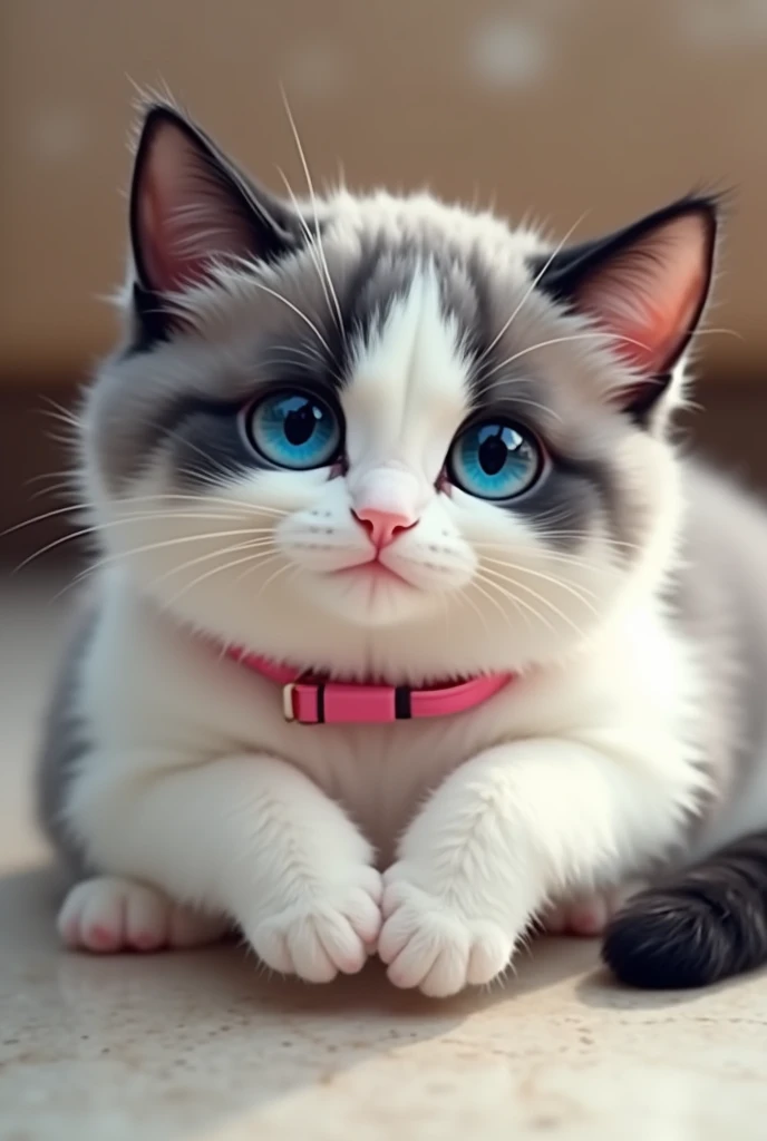 Grey as a medium sized cat, with a chubby body due to her extra weight. Its fur is mainly white, with gray areas that stand out, especially the grayish-black spot on its back. Your head has a unique touch, with black ears that contrast with the white of the face, except for the snout and mouth, that are completely white, standing out against her bright blue eyes. The pink collar adds a delicate and charming touch.
Lying pose with front paws placed one on top of the other.