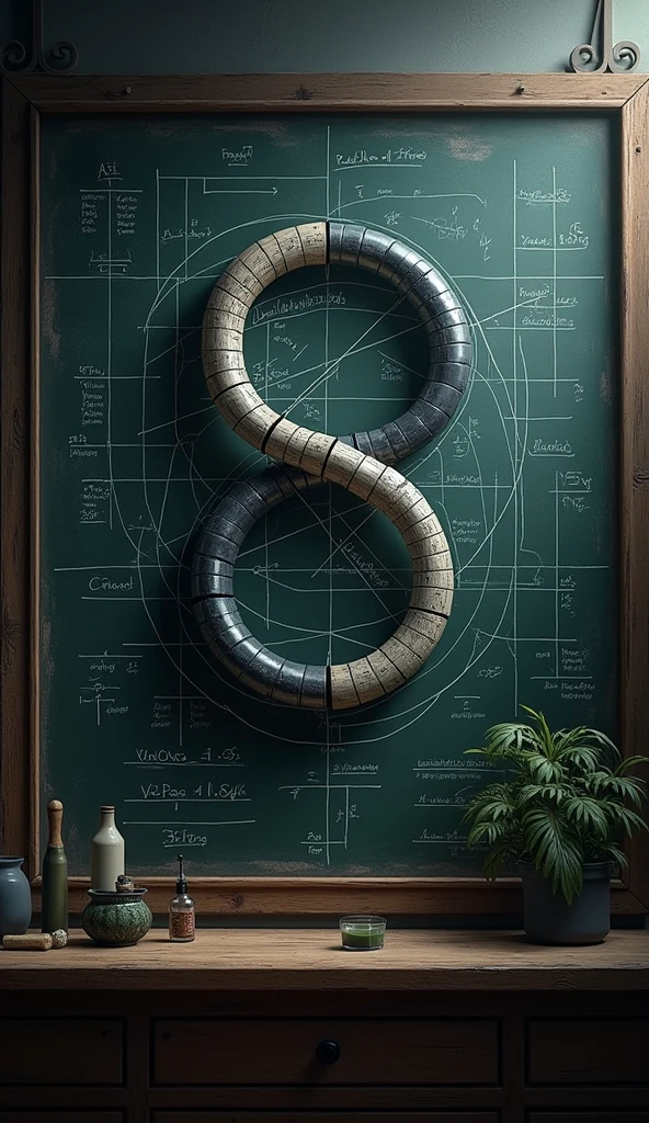 symbol “ infinity ”, illustration embodying the wonder of human memory, Hermann Ebbinghaus deformation diagram, background is a blackboard in a laboratory, graphic CG digital art