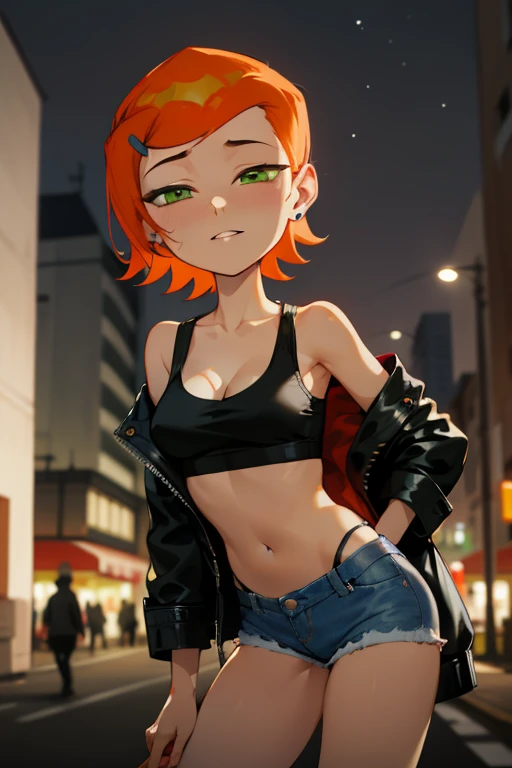 (Masterpiece), Best Quality, ultra-detailed, 1girl (Gwendolyn_Tennyson, medium breasts, shiny skin, beautiful body, orange hair, short hair, green eyes, half-closed eyes), a seductive face, wicked smile, parted lips, facing viewer, looking at viewer, solo, black jacket, leather jacket,undress, bare one
shoulder, white tank_top, cleavage, navel, denim short shorts, outdoors, nighttime, night street, standing, Sexy waist teasing , a provocative pose, strip tease, pulling down shorts