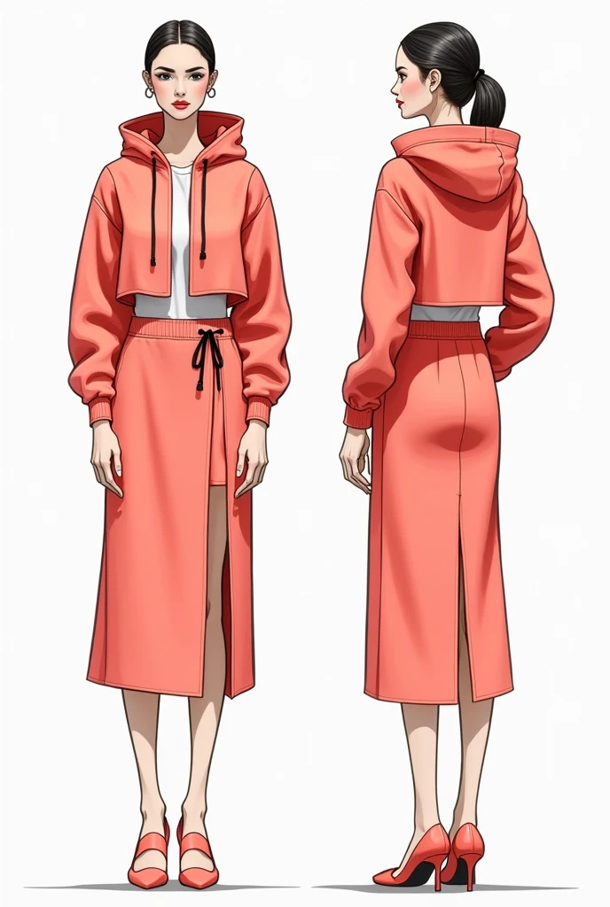 Make a sketch showing the front and back of an outfit with the following characteristics: Jacket: Design a short jacket with the following characteristics: Hooded sweatshirt: The jacket should include a hood to give it a relaxed and comfortable style.. Stretchy barbie screen: Use this soft material, fluid and breathable which is key to the theme of the collection. Details of striped backstrap loom: Add details made by artisans from Tolimán, Querétaro, to incorporate an artisanal and cultural touch. Skirt: Design a midi skirt with the following characteristics: side slits: It incorporates openings on the sides to add dynamism and movement to the garment.. High crossed waistband: The waistband should be high and crossed to provide greater compression and stylize the figure.. Color coral: Make sure the skirt is in a coral shade that follows the spring-summer 2025 trends. Combination: Make sure the coral jacket and skirt complement each other., and that the handcrafted details on the jacket blend harmoniously with the modern design of the skirt.. A drawing of the front and another of the back.