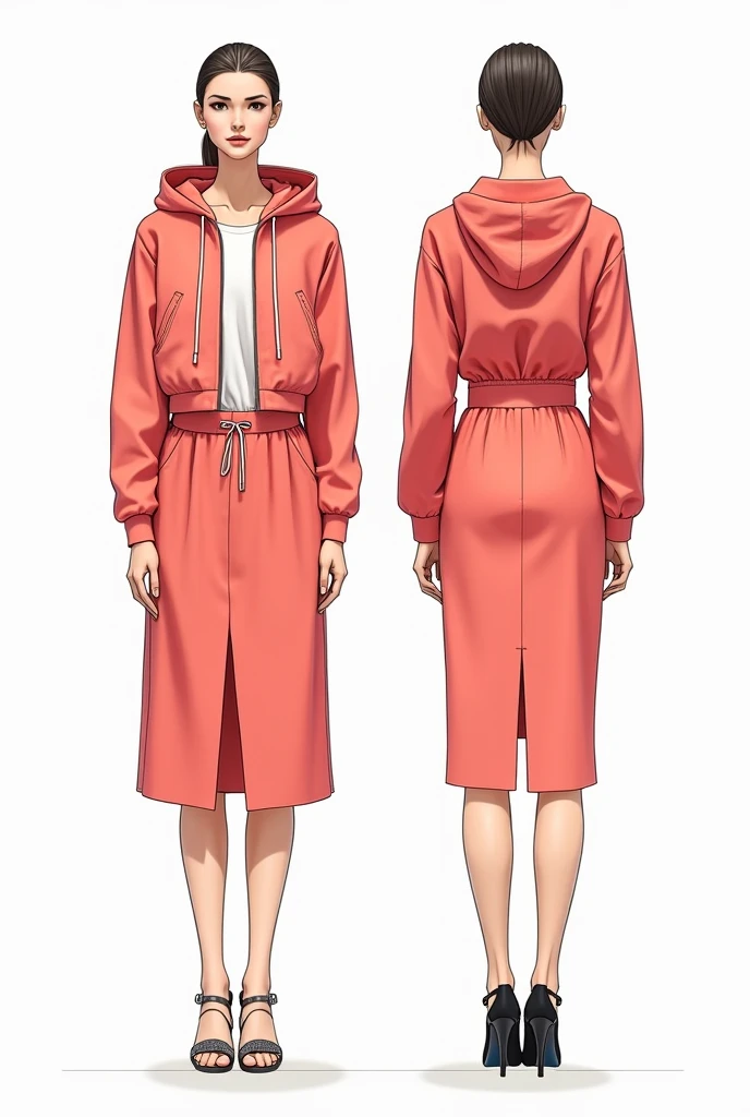 Make a sketch showing the front and back of an outfit with the following characteristics: Jacket: Design a short jacket with the following characteristics: Hooded sweatshirt: The jacket should include a hood to give it a relaxed and comfortable style.. Stretchy barbie screen: Use this soft material, fluid and breathable which is key to the theme of the collection. Details of striped backstrap loom: Add details made by artisans from Tolimán, Querétaro, to incorporate an artisanal and cultural touch. Skirt: Design a midi skirt with the following characteristics: side slits: It incorporates openings on the sides to add dynamism and movement to the garment.. High crossed waistband: The waistband should be high and crossed to provide greater compression and stylize the figure.. Color coral: Make sure the skirt is in a coral shade that follows the spring-summer 2025 trends. Combination: Make sure the coral jacket and skirt complement each other., and that the handcrafted details on the jacket blend harmoniously with the modern design of the skirt.. A drawing of the front and another of the back.