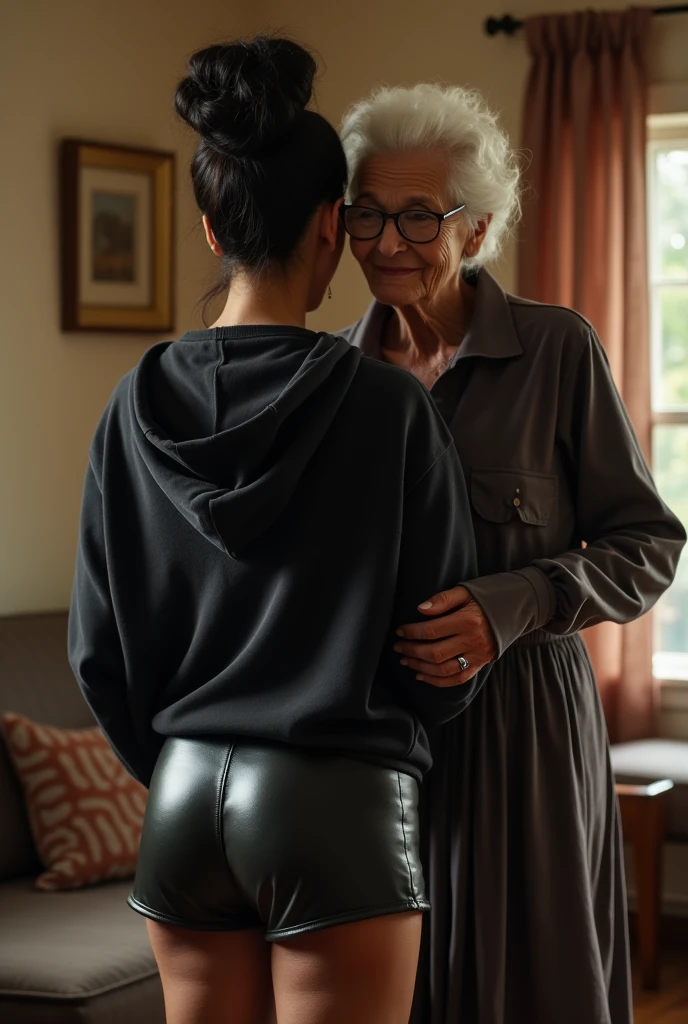 black woman hair in a bun black hoodie black leather short shorts being fucked in the ass by a old grandma in a dress