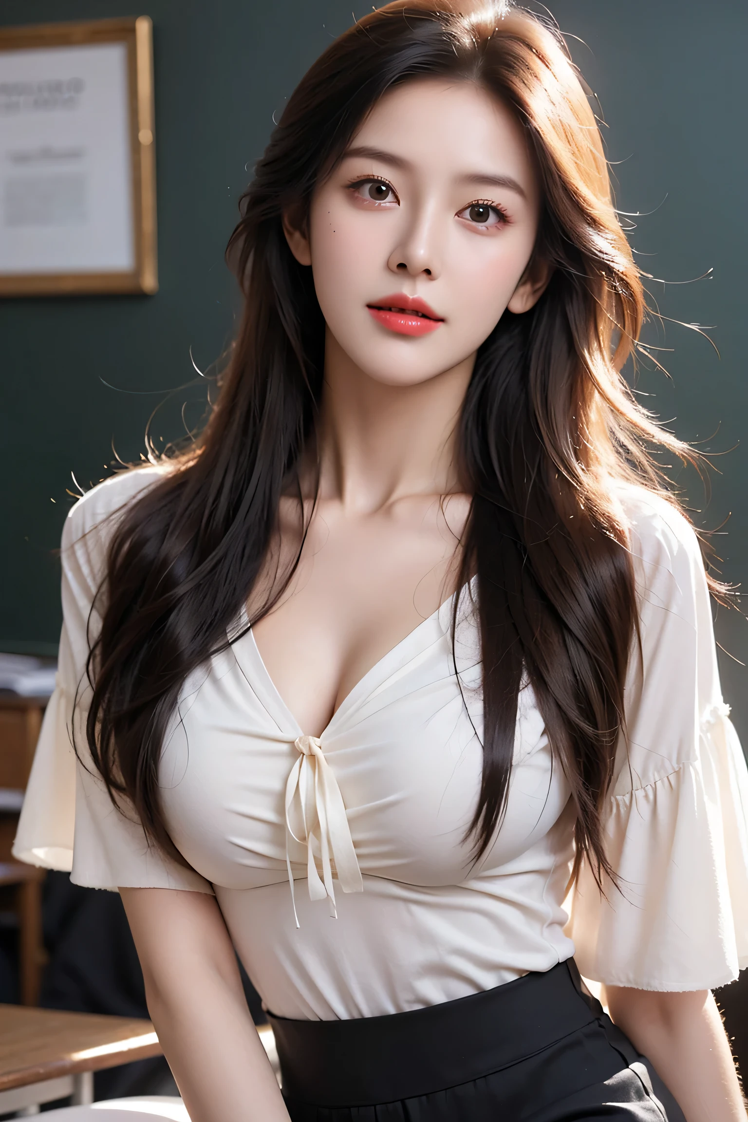 (8K, best quality, masterpiece, Very high:1.2) Photo of a beautiful Chinese girl, Beautiful and glamorous,There are also pictures of contemporary fashion., Looking at the audience, ((In the classroom background)), (1 famous person),(Black skirt), (Short-sleeved white shirt, Slightly exposed breasts.), ((Black short pencil skirt)), Sugar Ribbon, ((Put your hands down.)),Blonde Hair, Medium Length Hair, High angle view of a beautiful woman, Realistic skin texture, look up, Round chin, Art Lens 85mm, 1. 2, Clear focus, High resolution 8K, Crazy details, complicated, elegant, Large Breasts, dynamic gesture, Large Breasts,