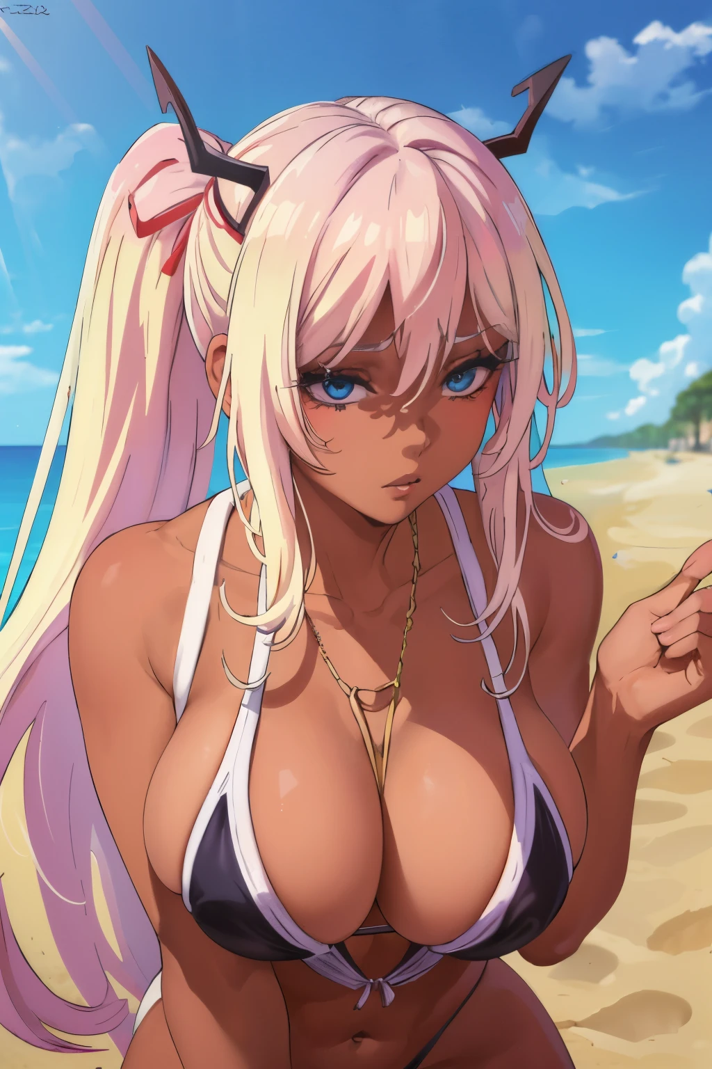 comely, (work of art:1.2), (best qualityer:1.2), perfects eyes, face perfect, perfect lighting, 1 girl, sexy beach girl, Tiny ,  huge, platinum blonde hair with cyan tips, comelys olhos roxos, super detailed face, horns on head, thick lips, leaning over