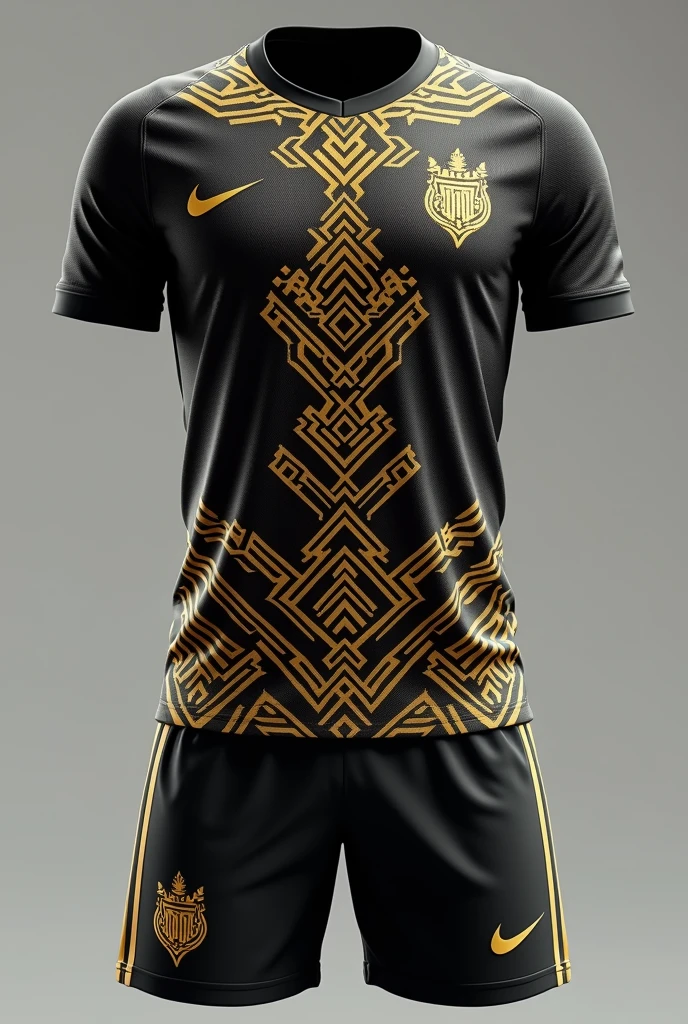 Thai pattern football kit with shorts and socks, black and gold, front and back are the away team.