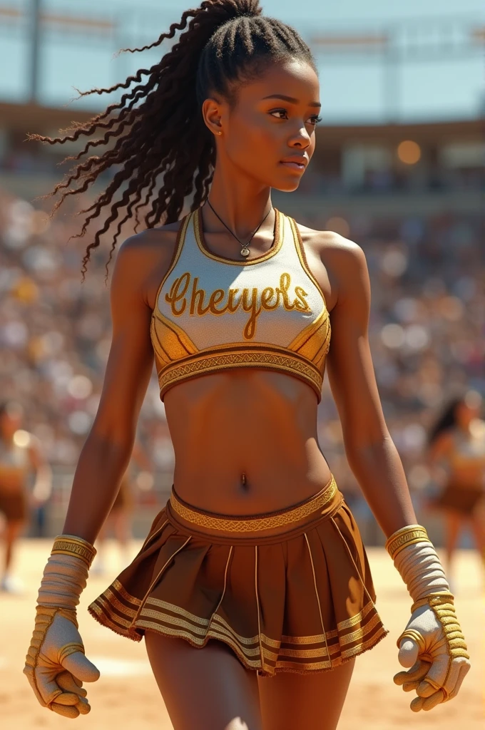 Make a cheerleader suit with brown ,gold and white colors
