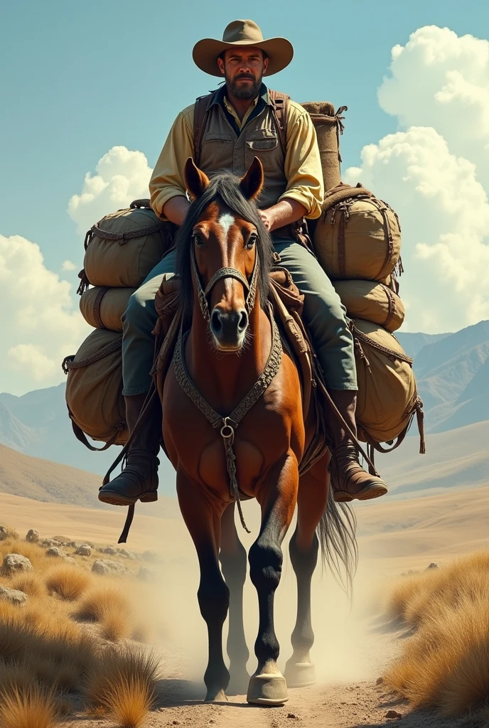 Make a person riding a horse with lots of stuff and bags on the horse's back