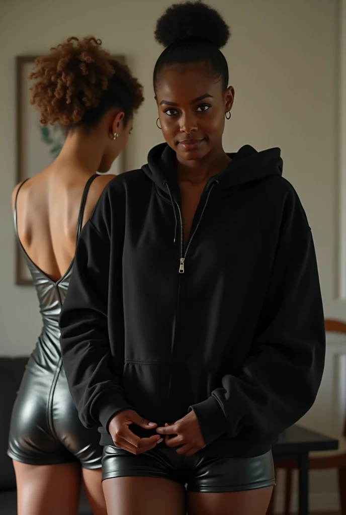black woman hair in a bun black hoodie black leather short shorts being fucked in the ass by a old grandma in a dress
