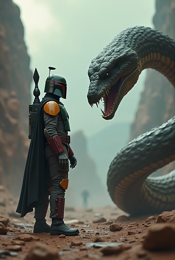 Boba Fett facing the snake and stepping back、Star Wars、movie、Mandaean、