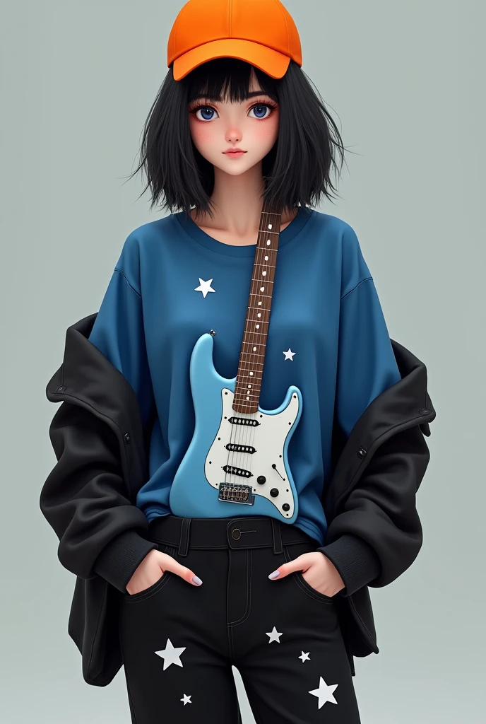 Character ia with black hair with an orange cap and pale skin and a blue guitar shirt and a black sweatshirt with black pants with white stars that is a woman