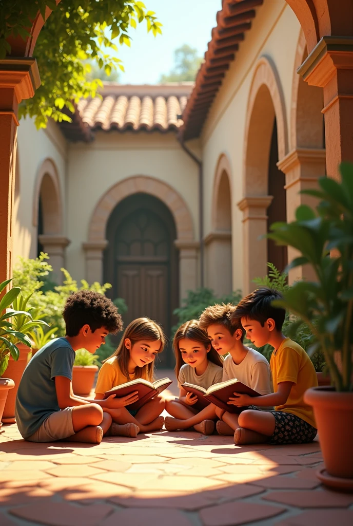Young people reading the Bible in the courtyard of a house, Afternoon. Pixar style.