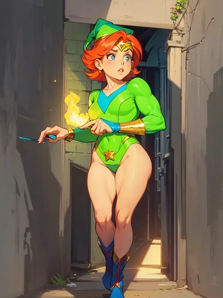 a redhead cartoon character, wonder woman outfit, green leotard, very muscular, male wizard, 1980s cartoon, animated episode still, Presto (((mad))), ((Wears a wizard hat))