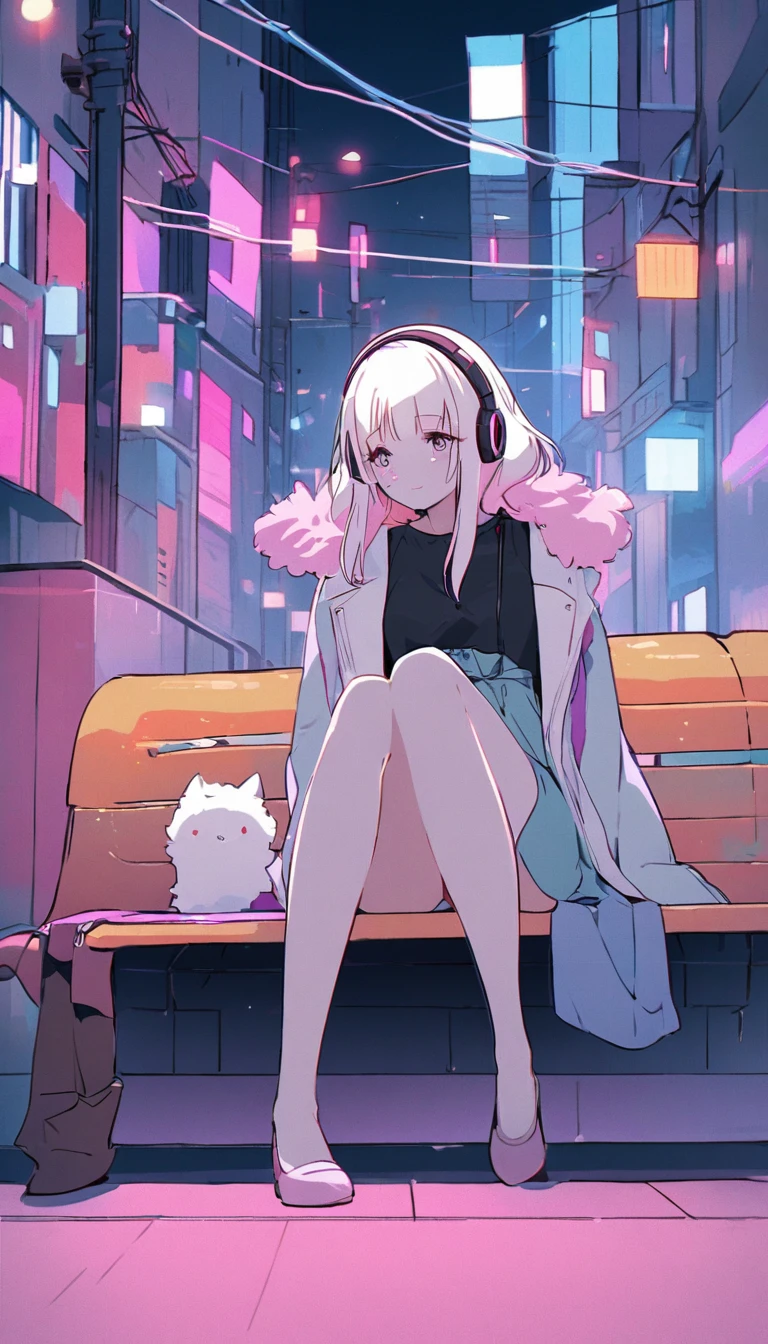 "A cute anime-style girl sitting on an urban bench, embodying a lo-fi, nostalgic atmosphere. She has fluffy, long, wavy light-colored hair, wearing headphones, and a casual outfit: a dark shirt or dress with a loose coat that reaches above her knees. Her legs are slender and elegant. The background features a street with buildings and utility poles, drawn with minimal lines and pastel colors, evoking a soft, bright, and relaxed vibe. The scene incorporates elements of a cyberpunk world, blending modern urban life with a slightly futuristic, nostalgic feeling."