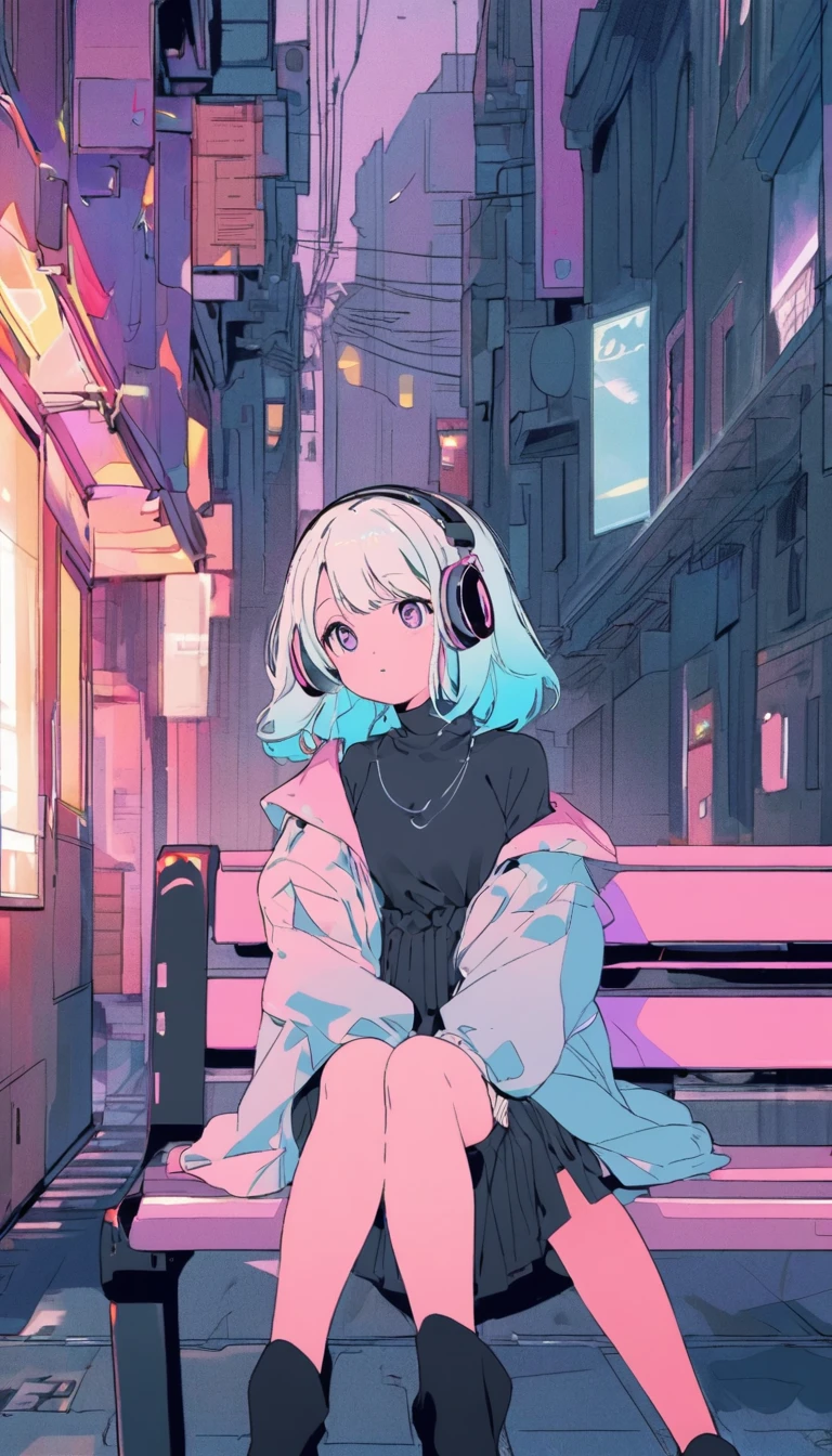 "A cute anime-style girl sitting on an urban bench, embodying a lo-fi, nostalgic atmosphere. She has fluffy, long, wavy light-colored hair, wearing headphones, and a casual outfit: a dark shirt or dress with a loose coat that reaches above her knees. Her legs are slender and elegant. The background features a street with buildings and utility poles, drawn with minimal lines and pastel colors, evoking a soft, bright, and relaxed vibe. The scene incorporates elements of a cyberpunk world, blending modern urban life with a slightly futuristic, nostalgic feeling."