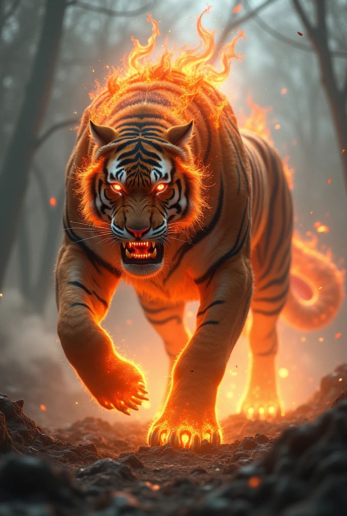Fuse a fire armored horse and a tiger