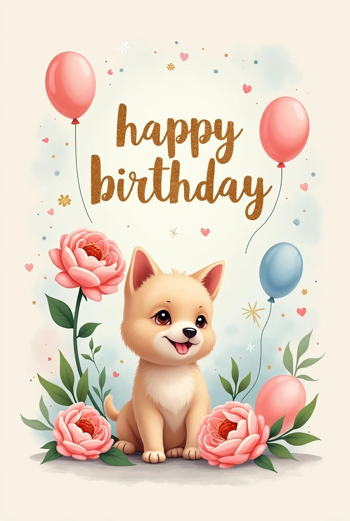 This birthday card has a soft pastel background., such as light pink or sky blue. The front of the card is decorated with a large flower., such as roses or carnations, detailed and delicately drawn at an angle. Delicate green leaves and a few sparkling glitters accentuate the flower..
Right in the middle of the card is the word “Happy Birthday” written in a soft font., shiny gold, looks elegant. Below the text is a picture of a cute pet., such as a puppy or kitten. The dog has smooth fur, big round eyes, a cheerful expression and sitting or lying near a bunch of colorful balloons.
when opening the card, On the left is a small image of a multi-tiered birthday cake with sparkling candles., or a cute teddy bear. On the right is a handwritten greeting., neat handwriting, flexible:
“Wishing you a very happy new year., happiness and memorable memories. May your day be filled with laughter and joy., like the way you bring joy to people around you. Always be happy and enjoy life with your beloved pet.. happy birthday!”. Write your wishes in Vietnamese at the bottom of the card.