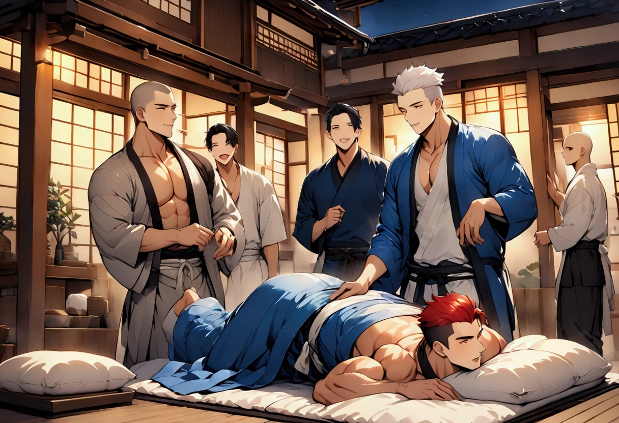 Highest quality、(muscular male:1.3)、(father:0.7)、nipple piercing、4boys、Short Hair、Sports haircut、short hair、Shaved head、Black Hair、Red Hair、Blonde、White Hair、Wearing a yukata and laying out a futon at an inn、night、A fun atmosphere