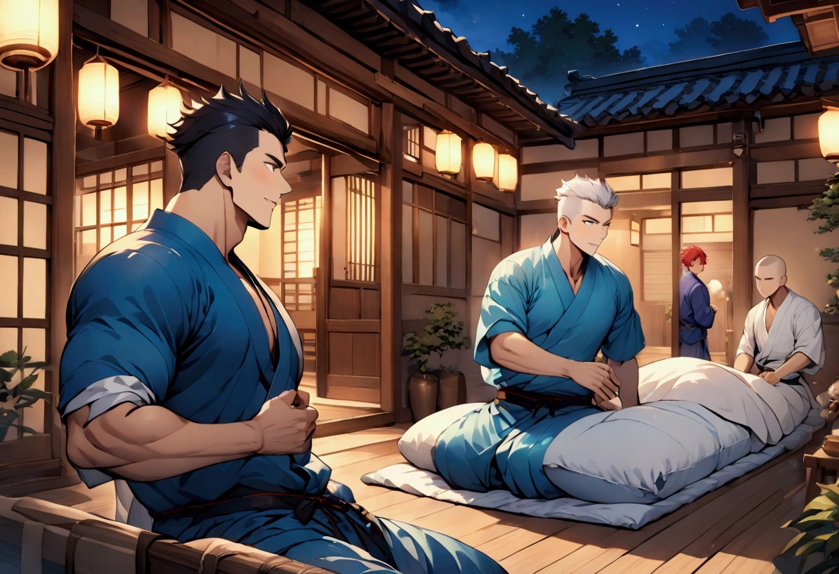 Highest quality、(muscular male:1.3)、(father:0.7)、nipple piercing、4boys、Short Hair、Sports haircut、short hair、Shaved head、Black Hair、Red Hair、Blonde、White Hair、Wearing a yukata and laying out a futon at an inn、night、A fun atmosphere