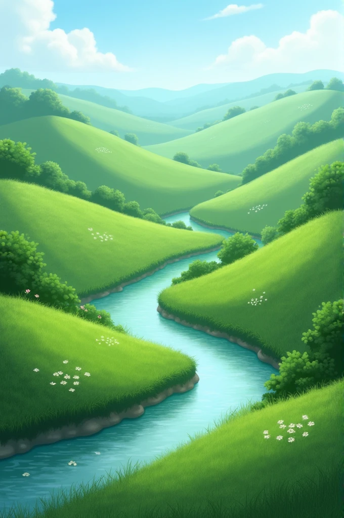 Landscape of green hills and a river