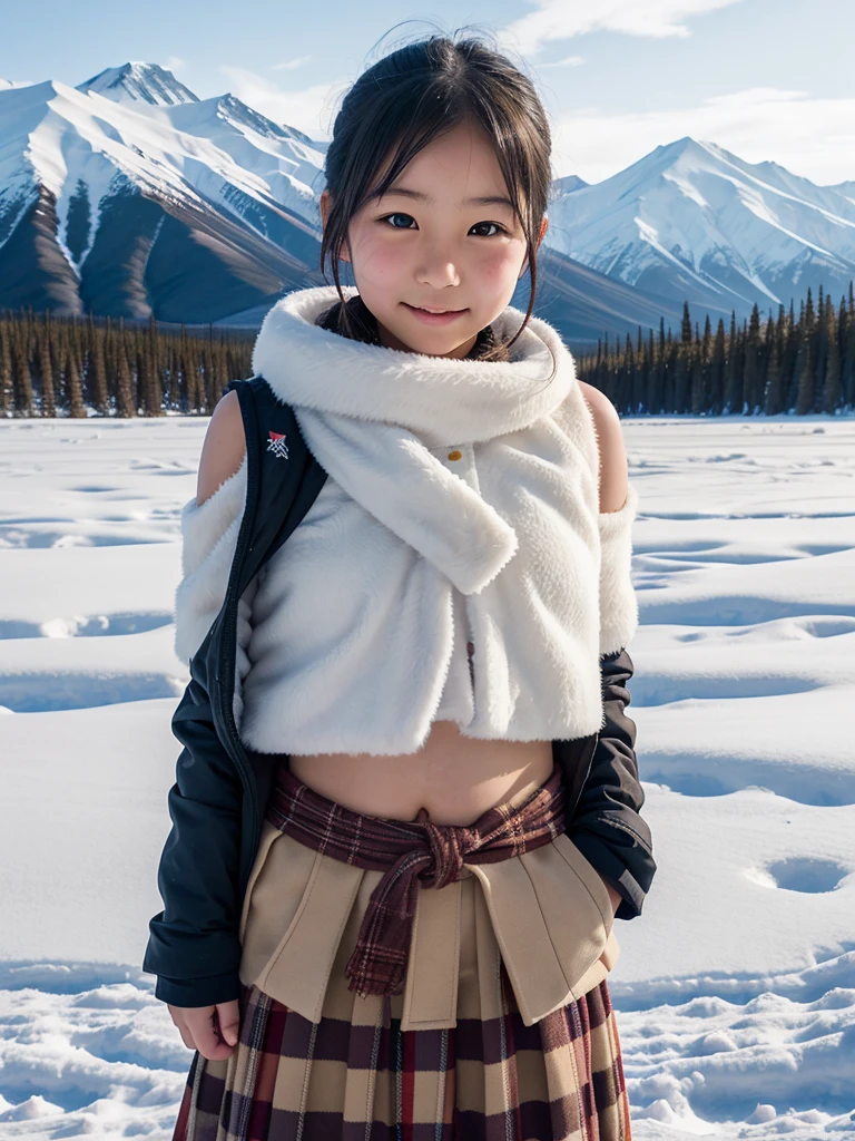 Japanese female elementary school student, belly button exposed, shoulders exposed, sweet expression, winter, Kluane National Park, Canada, snowy field