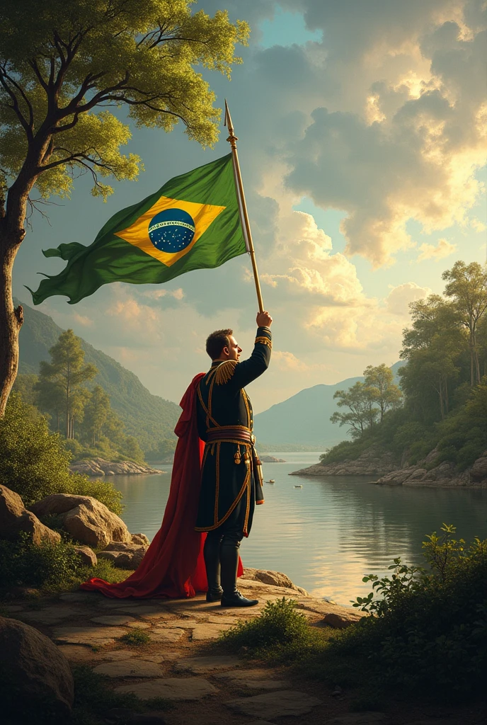 d. Pedro I on the Ipiranga River and behind it the flag of the Empire of Brazil