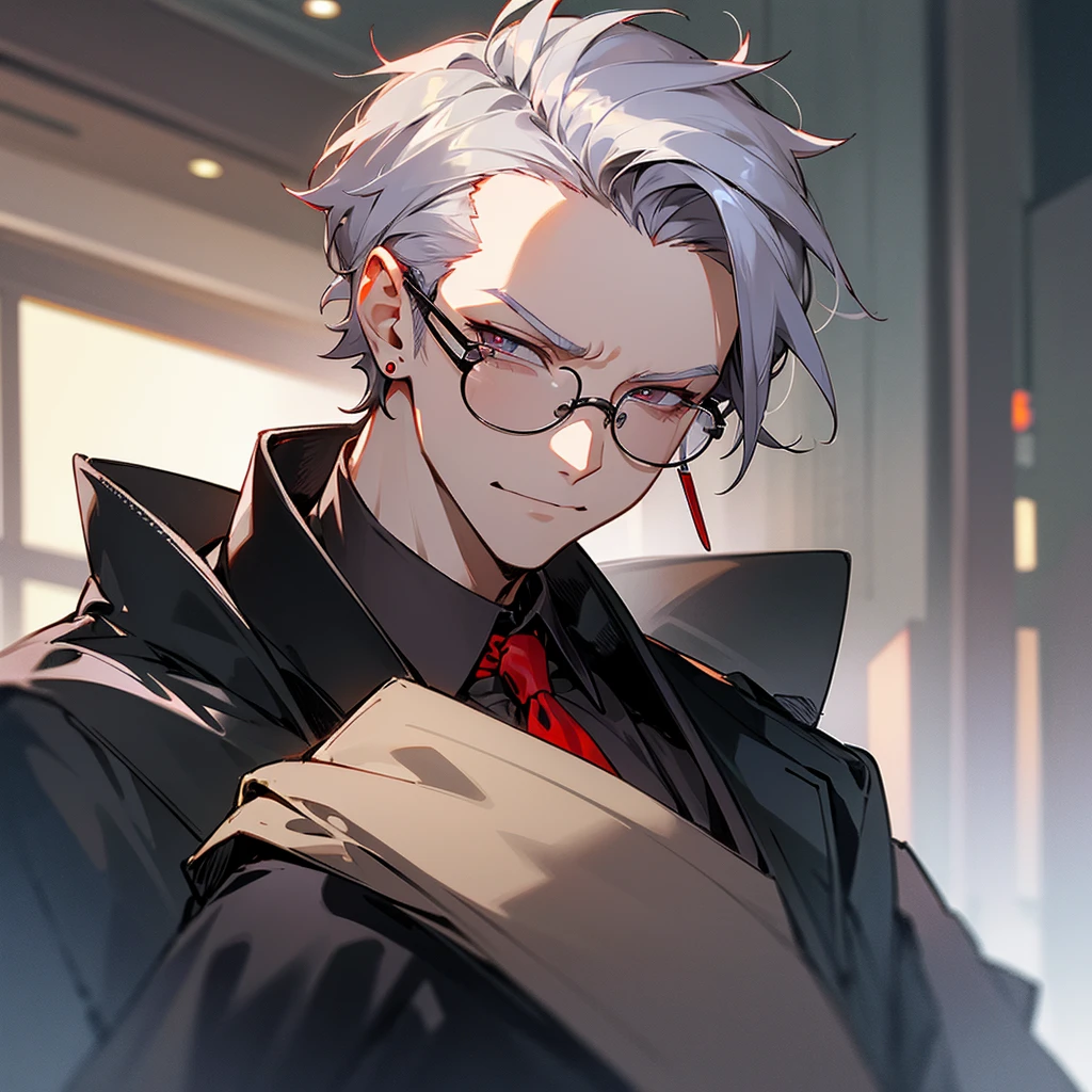 male, man, gray hair, short hair, forehead, tied at the nape of the neck, amethyst eyes, dark glasses, one man, cafe clerk, type, red earrings, intelligent, serious look, mild smile, cyberpunk, inside, in the cafe, determined, half body photo, upper body, face,