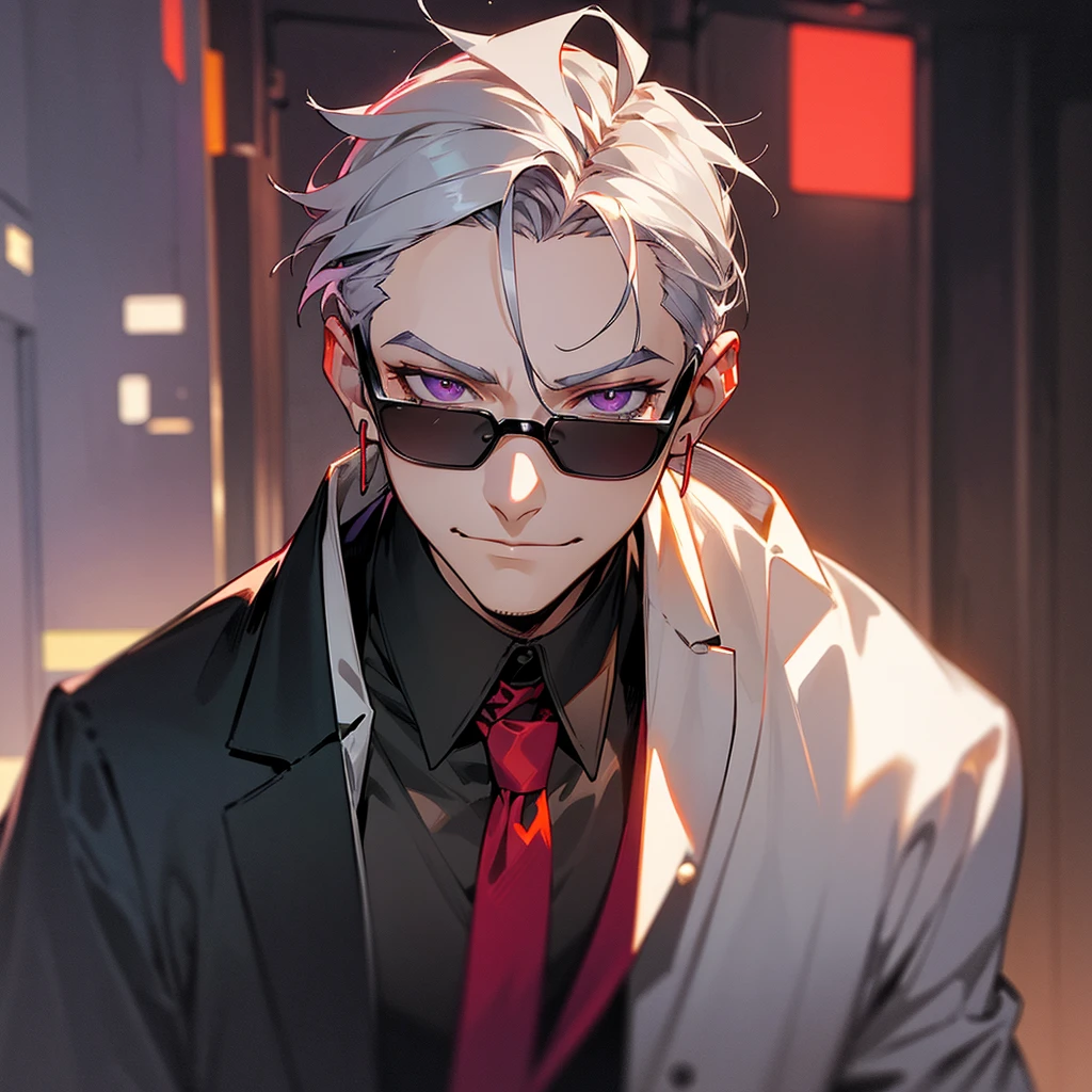 male, man, gray hair, short hair, forehead, tied at the nape of the neck, amethyst eyes, dark glasses, one man, cafe clerk, type, red earrings, intelligent, serious look, mild smile, cyberpunk, inside, in the cafe, determined, half body photo, upper body, face,