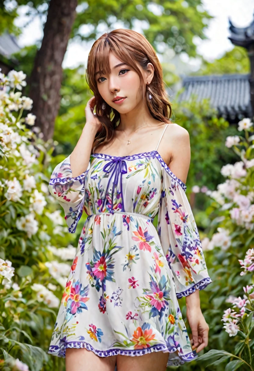 A cute yuna (flowery seer summer dress no underwear) gentle breeze, sexy walk through a lavish moonlit flower garden, view mainly from low and behind