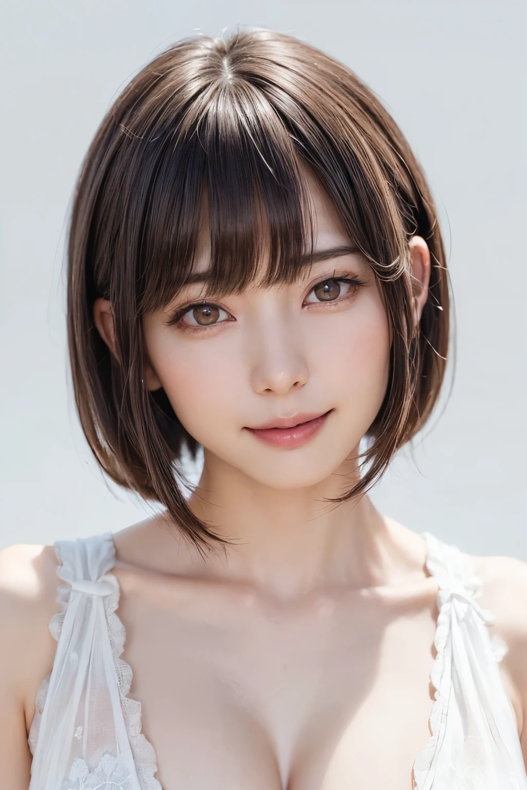 (software:1.8、masterpiece, Highest quality),1 person, alone, hyper Realistic, Realistic,Realistic, Looking at the audience, Light brown eyes:1.4,Brunette Short Bob Hair with highly detailed shiny hair, Brightly colored winter clothes, Lepangas:1.4), Outdoor, Mouth closed, Upper Body、big chest eye、eyelash、{Hugeな|big chest|Hugeなな|Mega} whole :2, chestの谷間:2、(((big chest eye、Short Bob Hair、Highlights from Students、Looking at the audience、She is very beautiful and cute、Show me your ears、Long neck、smile、Close your mouth and smile、Bangs and beautiful teeth)))、Ideal body type、(Nothing is drawn、A very beautiful pure white background:1.6)、美しいLong neck:1.4、(({Huge|big|Hugeな|Mega} chest, chestの谷間:2、Upper Bodyは服を着ていない:1.6))、(((Portraiture:2)))、Perfect Anatomy