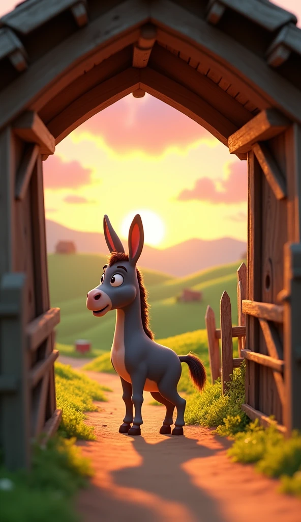 Draw a donkey leaving the roofed barn on a farm. The farm should be picturesque and detailed, with green fields and a sunrise sky with soft orange and pink tones, in a 3D animated style.