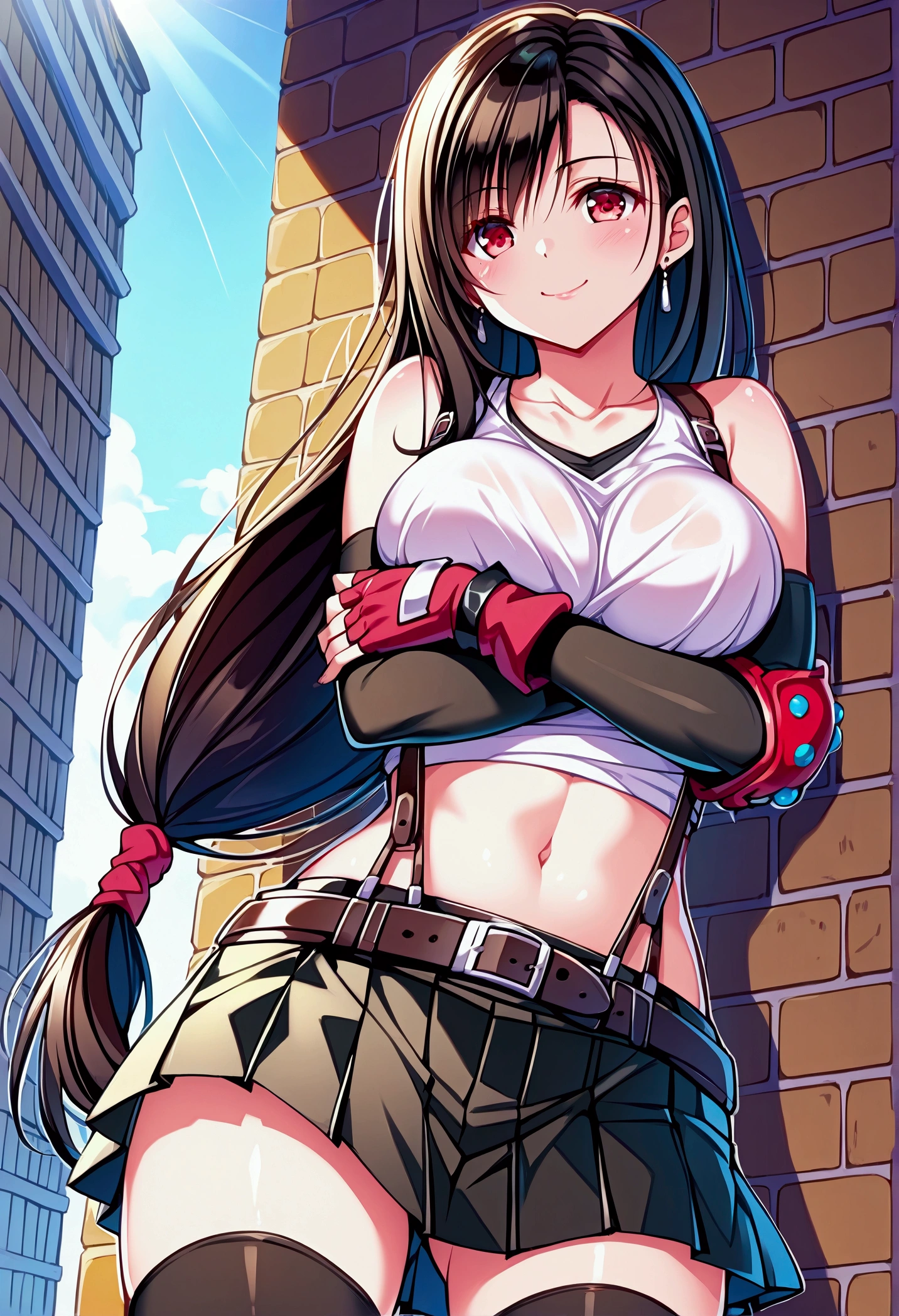(score_9
score_8_up
score_7_up
score_6_up
score_5_up
score_4_up
source_anime),,BREAK ,breast below view, breast press,,standing,, upperbody,,Solo ,1girl, tifa lockhart, final fantasy, tareme,black hair, low-tied long hair, red eyes, bangs, (white tank top, belt, pleated skirt, thighhighs, elbow fingerless gloves, elbow pads, midriff, navel,suspender skirt) ,(large_breast),(light smile),daytime,outdoor,(ultra detailed),(best quality),(aesthetic,very aesthetic),UHD,extremely detailed CG unity 8k wallpaper,depth of field,,,detailed face and eyes